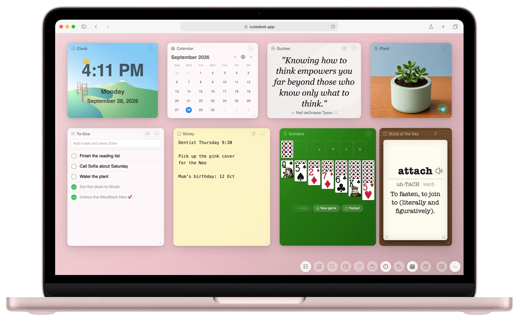 Blush MacBook Neo showing Cute Desk App in Safari with a pink desk, the Clock, Calendar, Quotes, Plant, To-Dos, Sticky, Solitaire and Word of the Day widgets