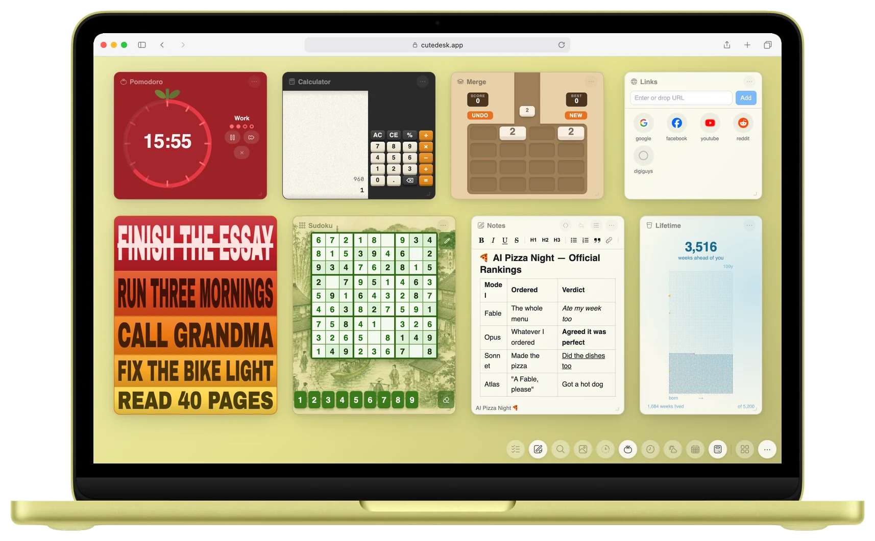 Citrus MacBook Neo showing Cute Desk App in Safari with a yellow-green desk, the Pomodoro, Calculator, Merge, Links, Focus, Sudoku, Notes and Lifetime widgets