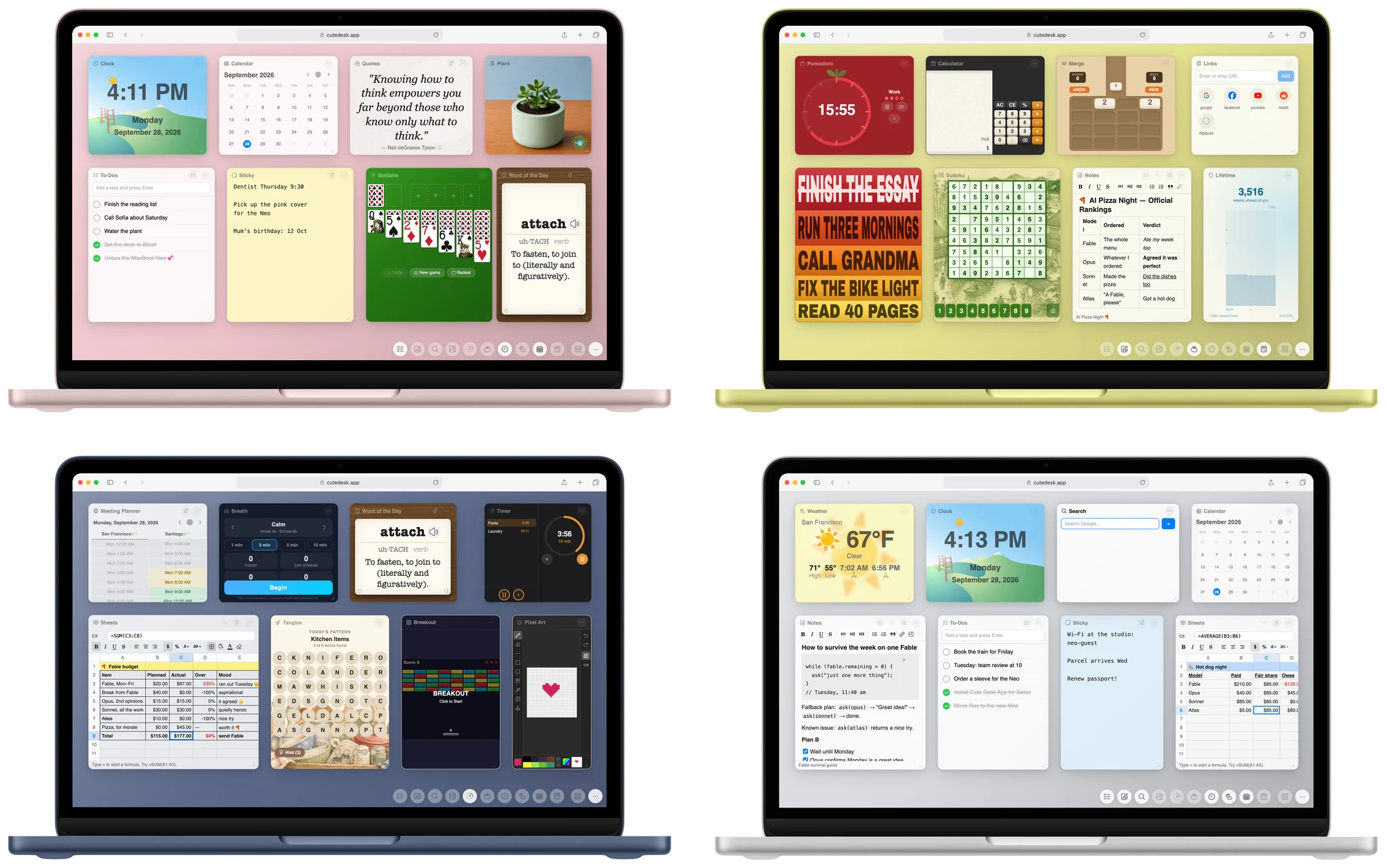 Four MacBook Neo laptops in Blush, Citrus, Indigo and Silver, each showing Cute Desk App in Safari with the desk set to the same color