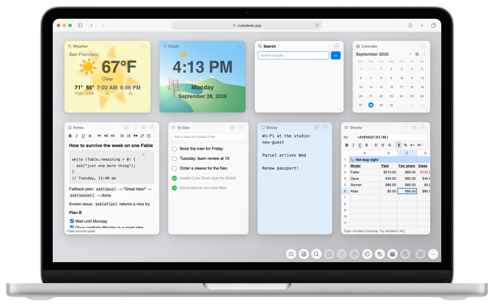 Silver MacBook Neo showing Cute Desk App in Safari with a light grey desk, the Weather, Clock, Search, Calendar, Notes, To-Dos, Sticky and Sheets widgets