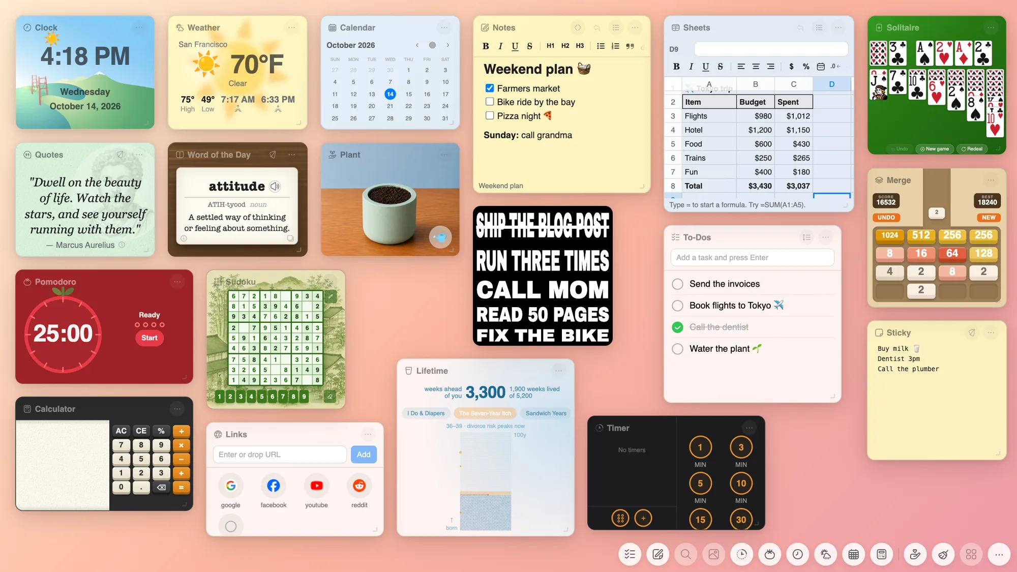 Cute Desk App with 19 widgets on one desk