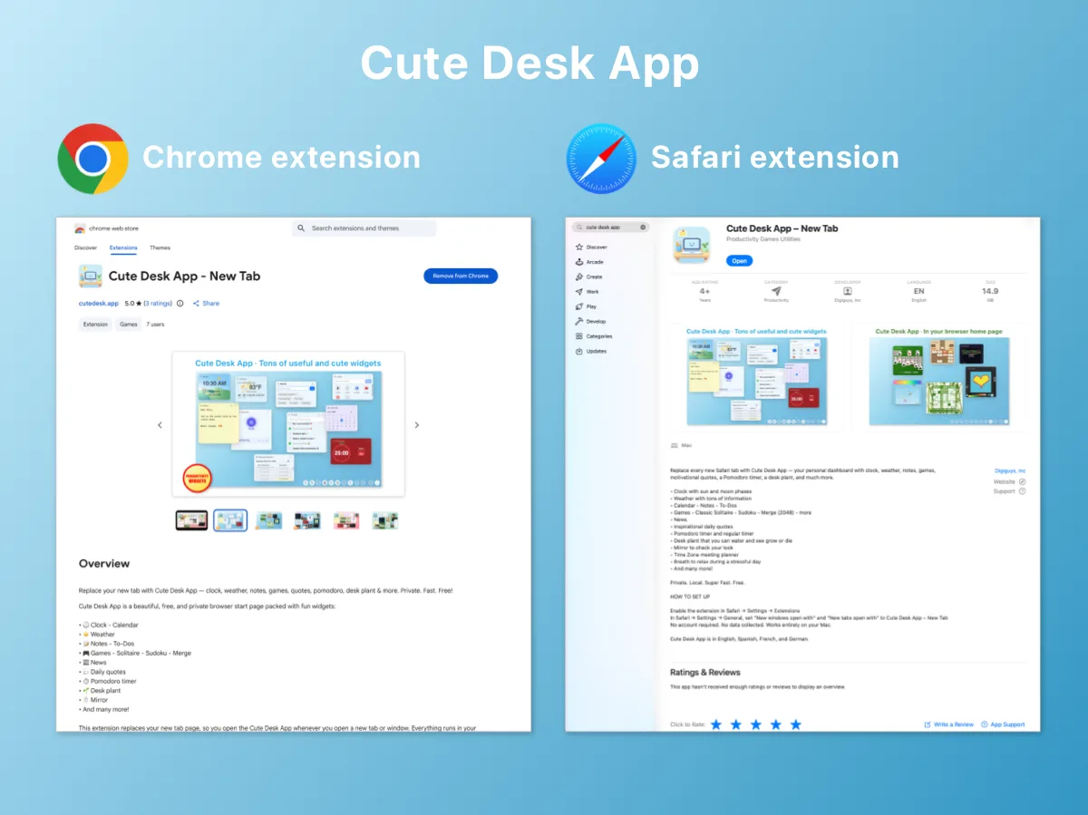 Cute Desk App browser extension for Chrome and Safari — your widgets on every new tab