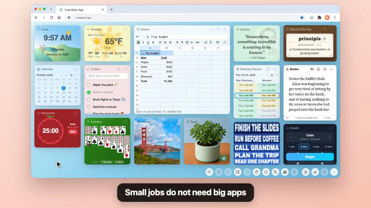 The Sheets, Notes and Canvas widgets on a Cute Desk App desk