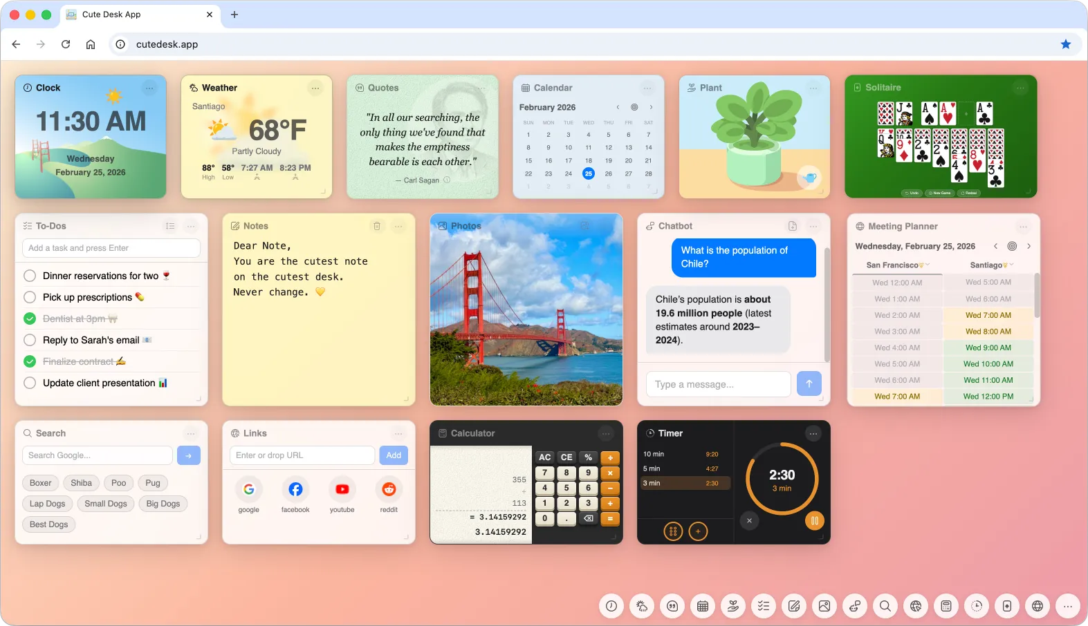 Cute Desk App browser start page with widgets for clock, weather, quotes, calendar, to-dos, notes, photos, and more