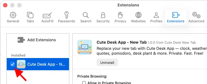 Safari Settings — Extensions tab with Cute Desk App enabled