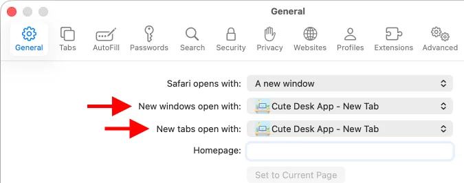 Safari General Settings — New tabs open with Cute Desk App