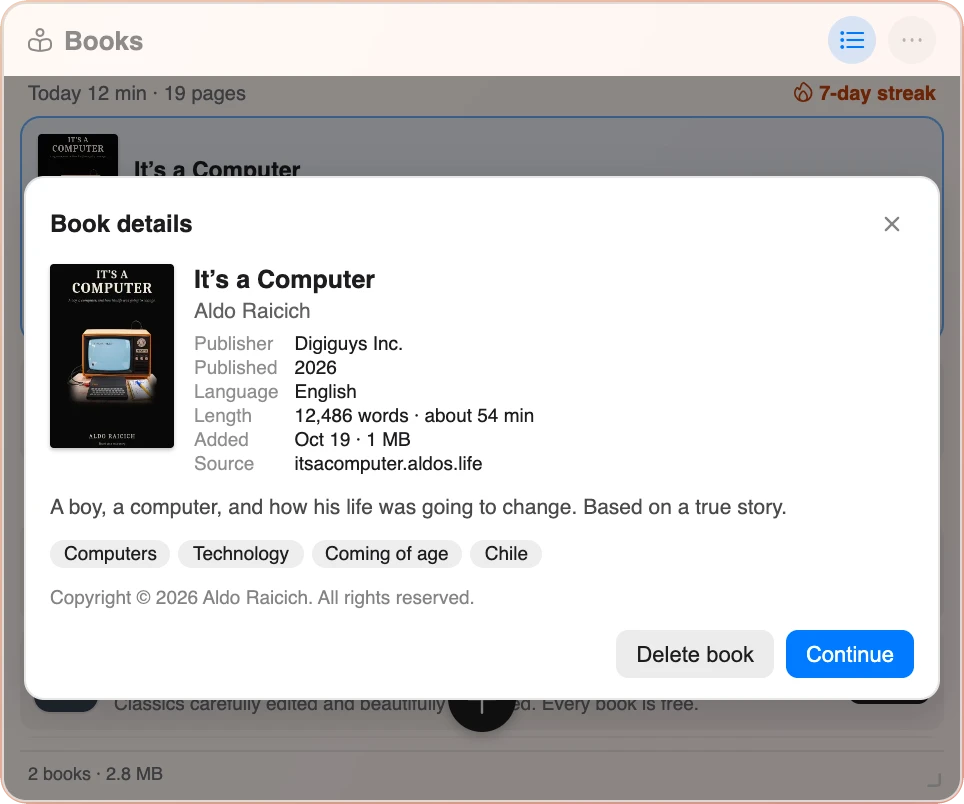 Book details for It's a Computer: publisher, published year, language, length, source, the subjects Computers, Technology, Coming of age and Chile, and the copyright line