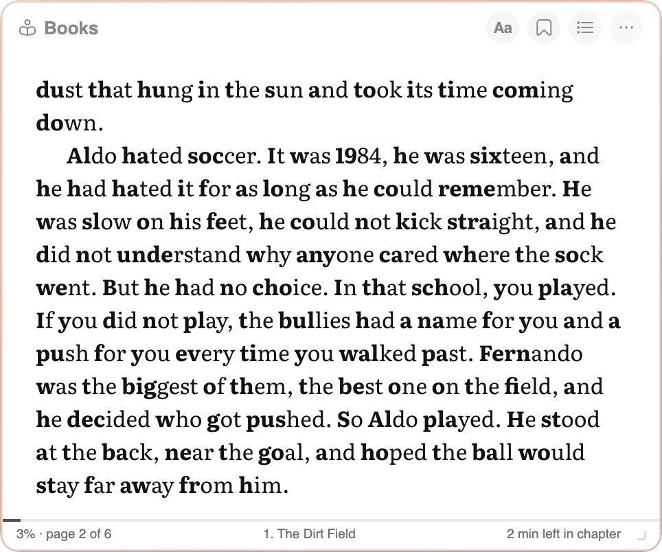Chapter 1 of It's a Computer in the Books widget with Fast reading on: the first letters of every word are in bold