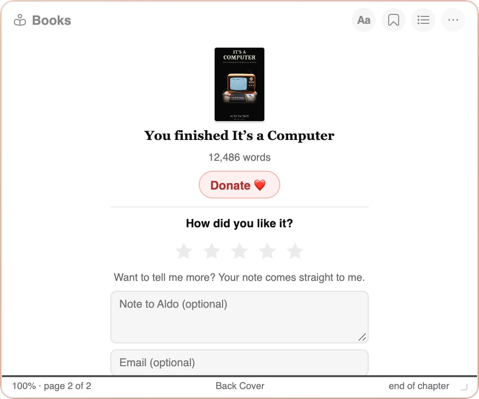 The finish screen of the Books widget for It's a Computer: the cover, 12,486 words, a Donate button, five stars, a note to Aldo and an email field