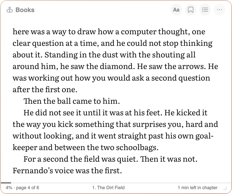 The Books widget reading chapter 1 of It's a Computer, with the progress, the chapter name and the minutes left in the chapter in the footer