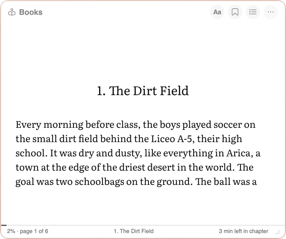 The Books widget showing the first page of chapter 1, The Dirt Field, of It's a Computer, with 3 min left in chapter in the footer