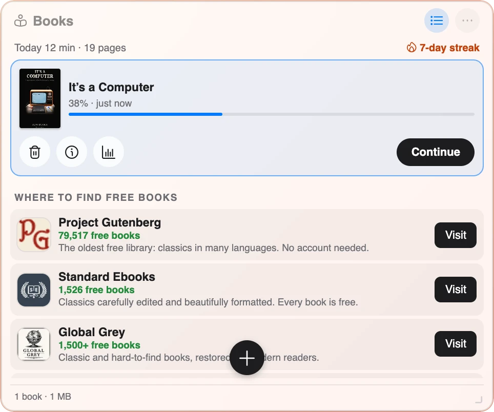 The library of the Books widget: It's a Computer selected at 38 percent with Delete, Details, Stats and Continue, a 7-day streak, and the free libraries Project Gutenberg, Standard Ebooks and Global Grey