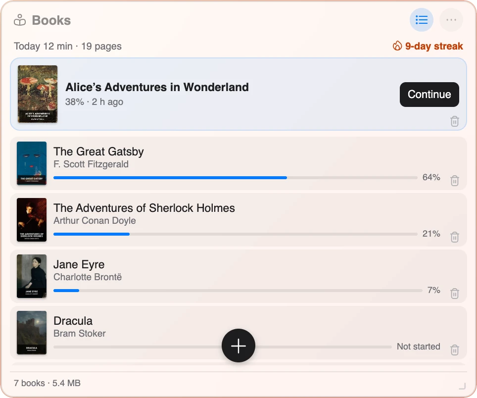 Books widget library: book covers with author and reading progress, a Continue card for the book in progress and a 9-day reading streak