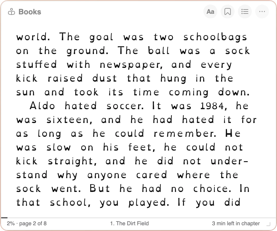 Chapter 1 of It's a Computer in the Books widget shown in the OpenDyslexic font, with heavy letter bottoms and wide spacing