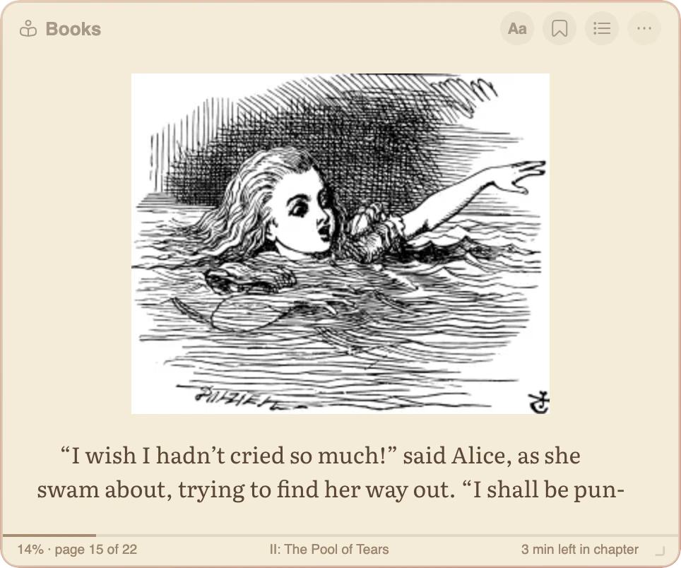 Books widget on the sepia background: a John Tenniel illustration of Alice swimming in the pool of tears, with the text continuing under it