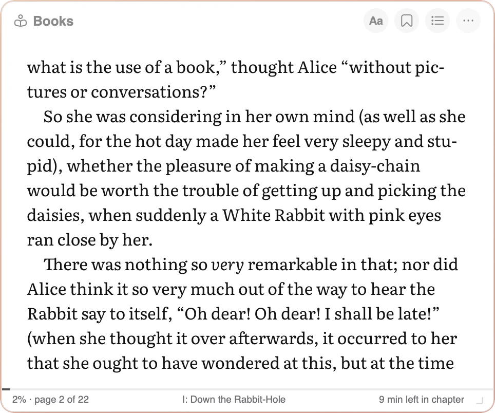 Books widget reading Alice's Adventures in Wonderland: a full page of text in the Literata font, with the progress, chapter name and minutes left in the chapter along the bottom