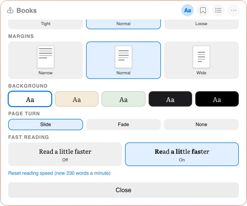 The lower half of the reading settings: margins, five background colors, page turn Slide, Fade or None, and Fast reading Off or On