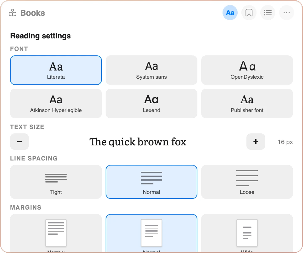 Books widget Reading settings: six font cards including OpenDyslexic, Atkinson Hyperlegible and Lexend, text size, line spacing and margins