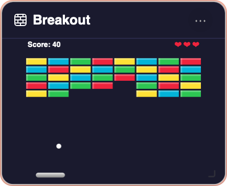 Breakout Widget showing brick breaker game with colorful bricks, paddle, and score