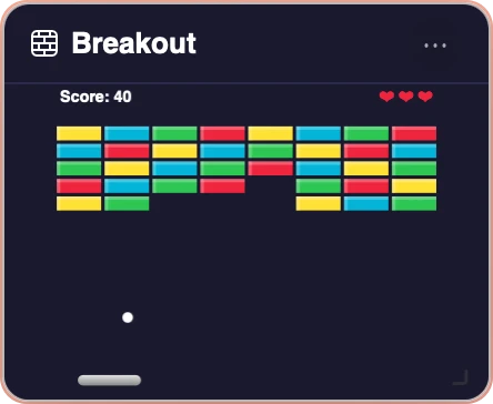 Breakout Widget showing brick breaker game with colorful bricks, paddle, and score
