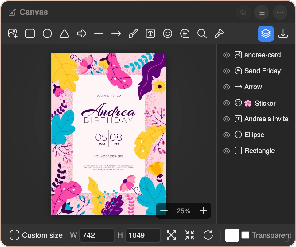 The Canvas widget with a colorful birthday invitation and its layers listed on the right
