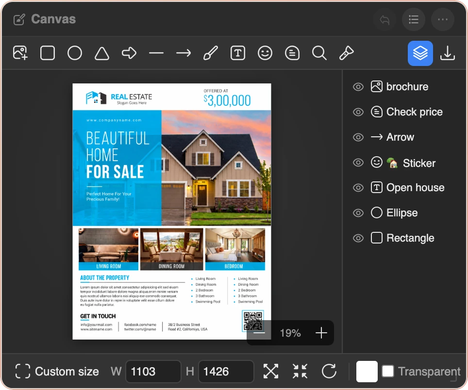 Canvas widget — a real-estate flyer on the canvas with the layers panel open