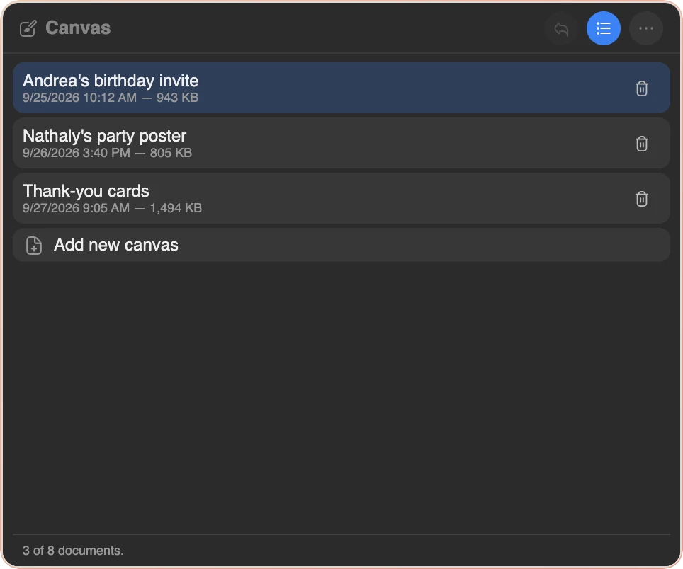 The canvas list in the Canvas widget, with several named designs, their dates and sizes