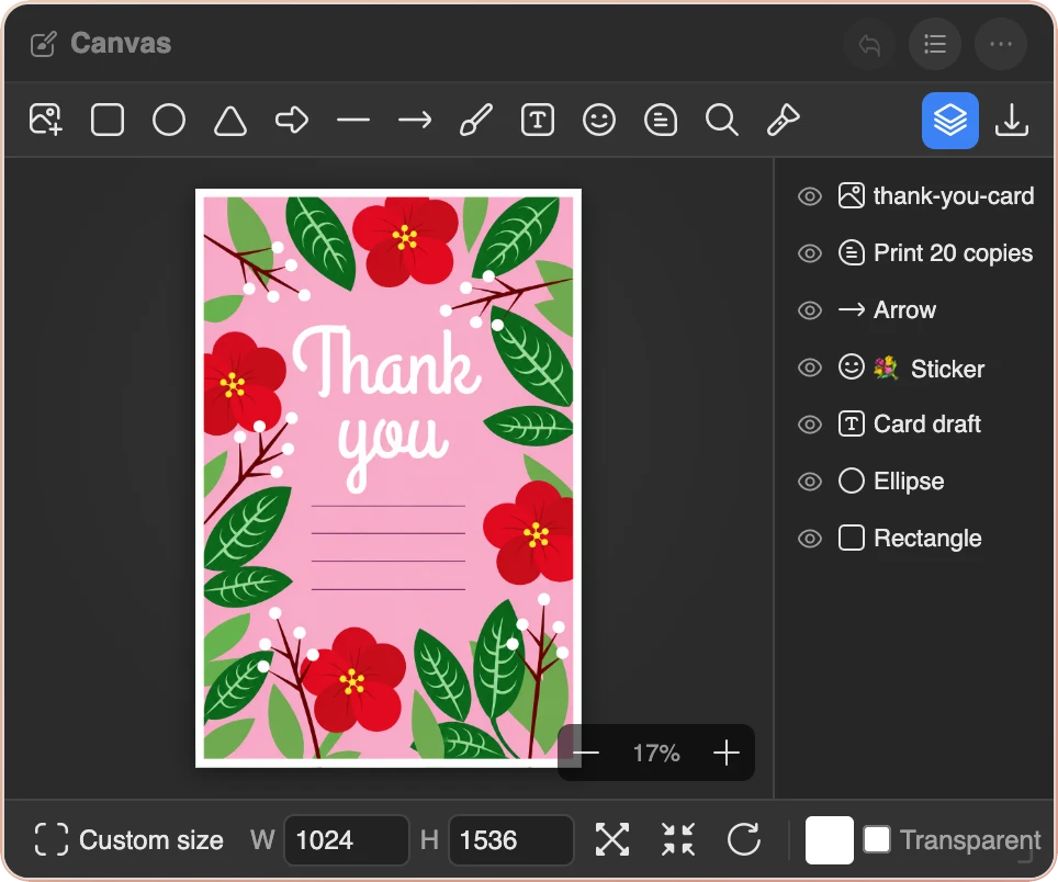 The Canvas widget with a pink thank-you card decorated with red flowers