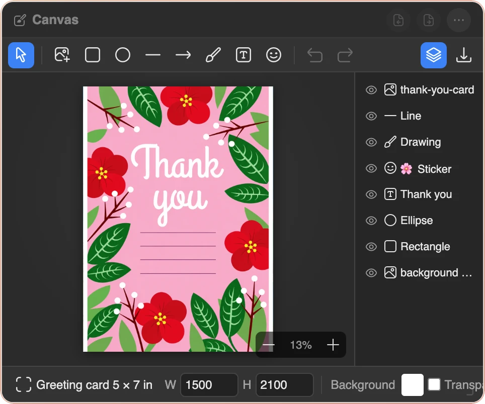 Canvas Widget — a floral thank-you card on a greeting-card canvas, with the layers panel open listing the card image, a line, a drawing, a sticker, text, shapes and a background photo