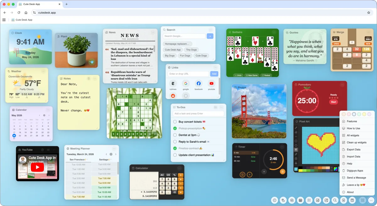 Cute Desk App — options menu