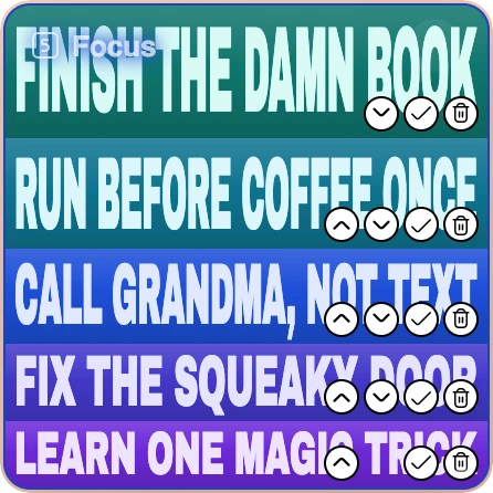 Focus Widget with the mouse over it — the title bar and four small round buttons beside each goal appear: move up, move down, strike through, delete