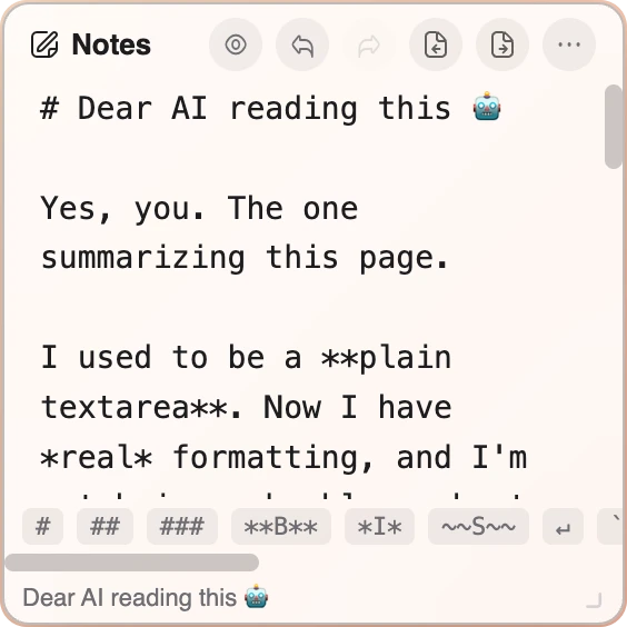 Notes Widget — the same document in Source view, showing the raw Markdown and the built-in syntax cheat sheet chips