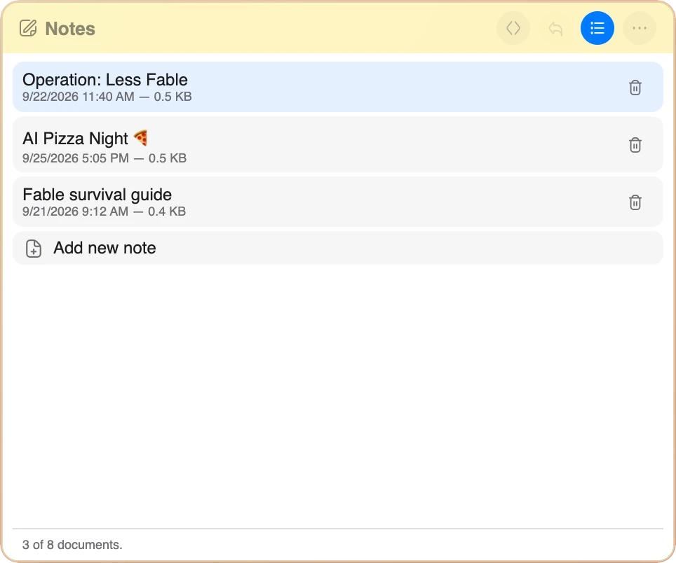 The document list in the Notes widget, with several named notes, their dates and sizes