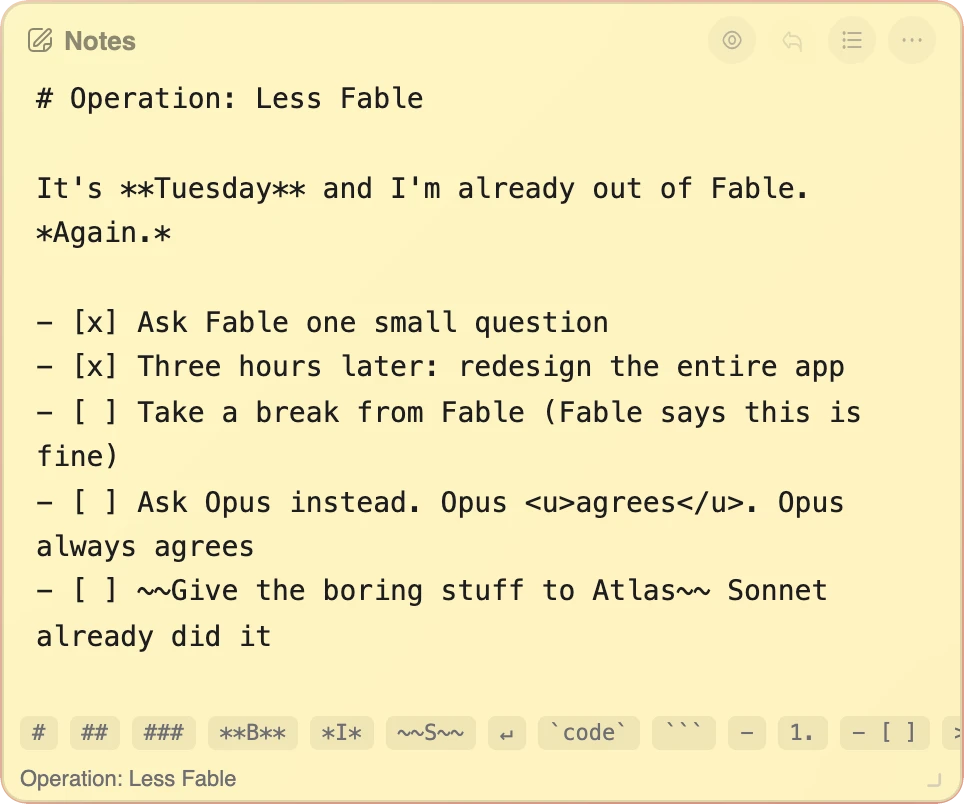 The Notes widget in Markdown view, with the Markdown shortcuts along the bottom