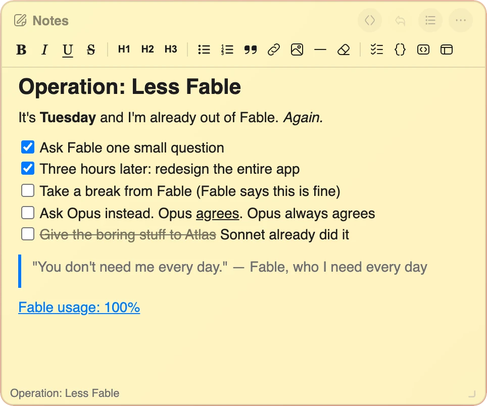 Notes widget — a yellow note with a heading, bold and italic text, a checklist, a quote and a link