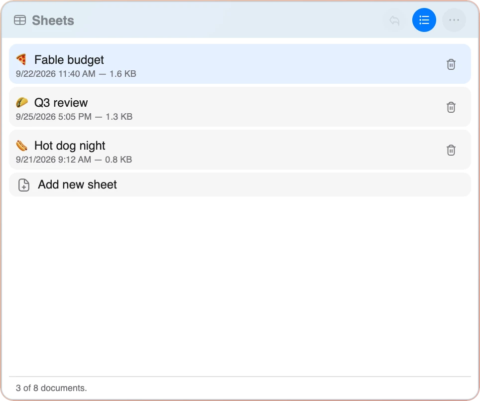 The sheet list in the Sheets widget, with several named sheets, their dates and sizes