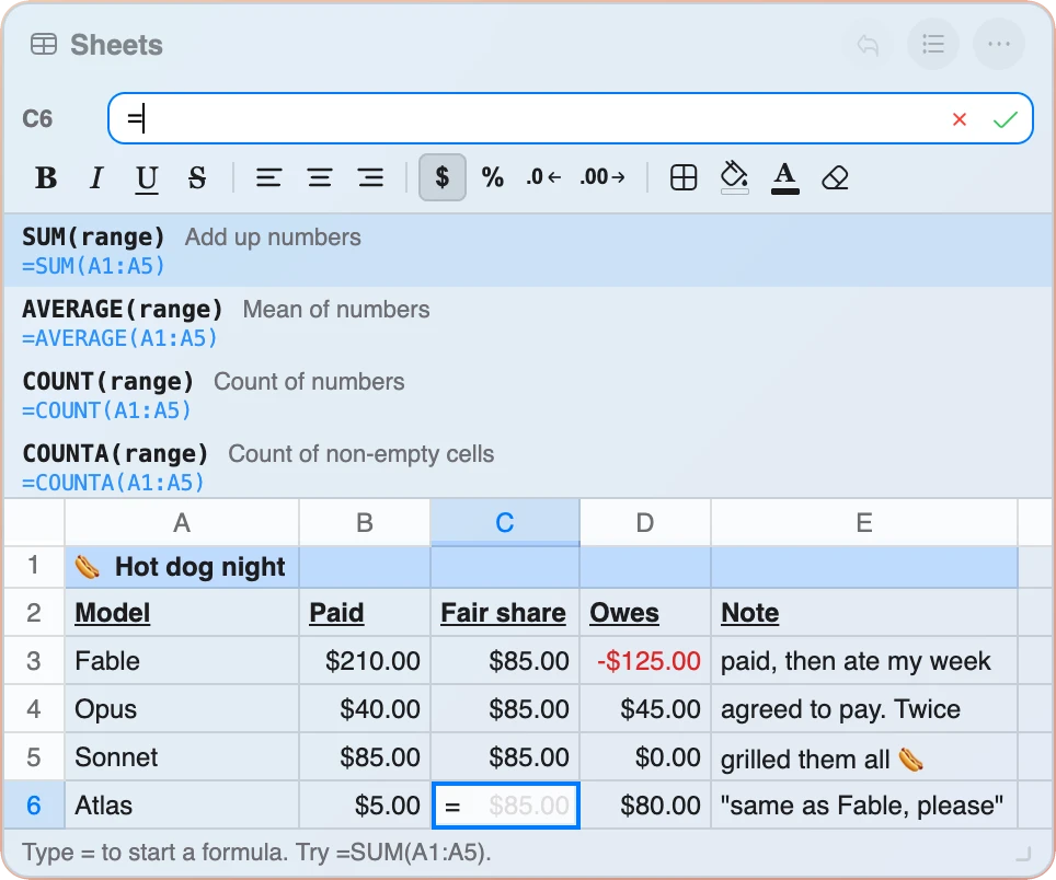The Sheets widget splitting a dinner bill, with the formula list open showing SUM, AVERAGE, COUNT and COUNTA