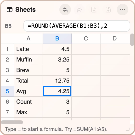 Sheets Widget — a mini spreadsheet with formulas, a formula bar, and a live function picker